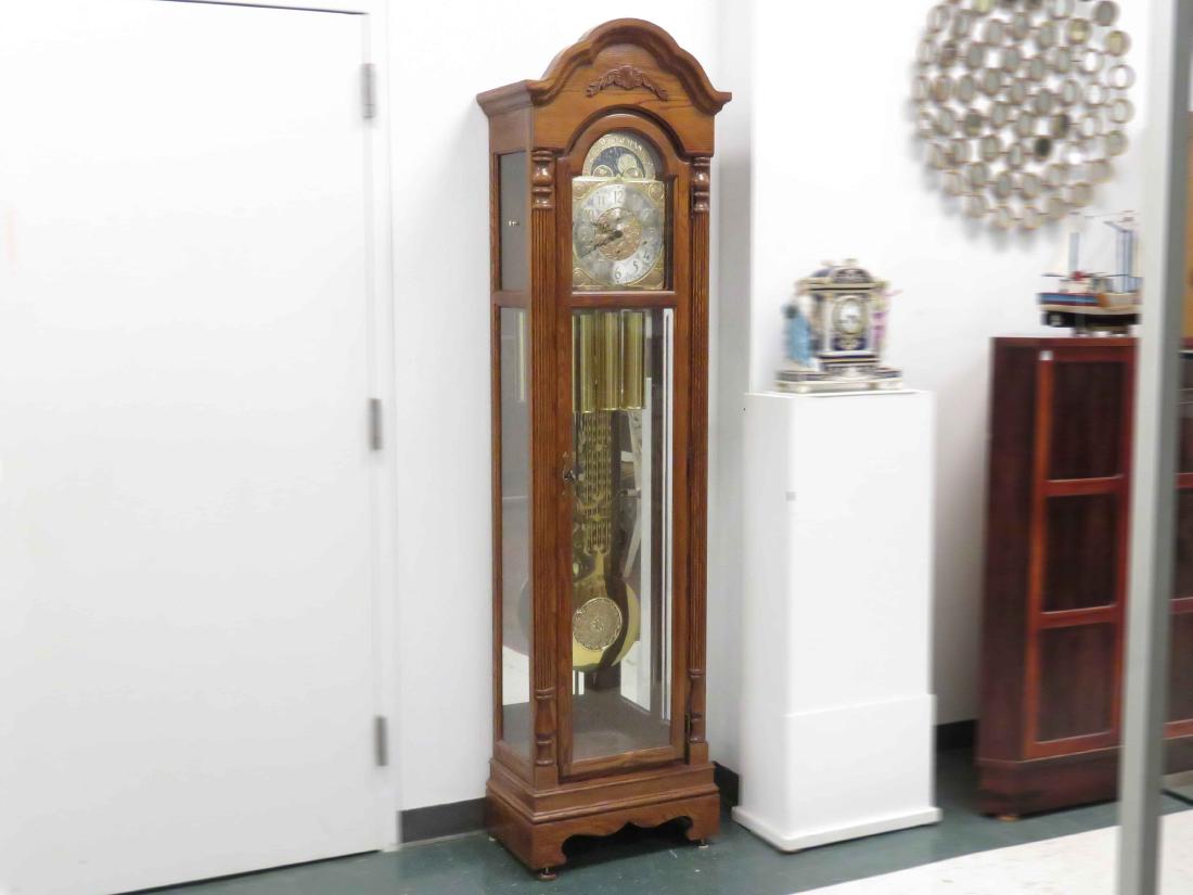 RIDGEWAY CARVED OAK TALL CASE CLOCK WITH MOON PHASE (1 of 2)