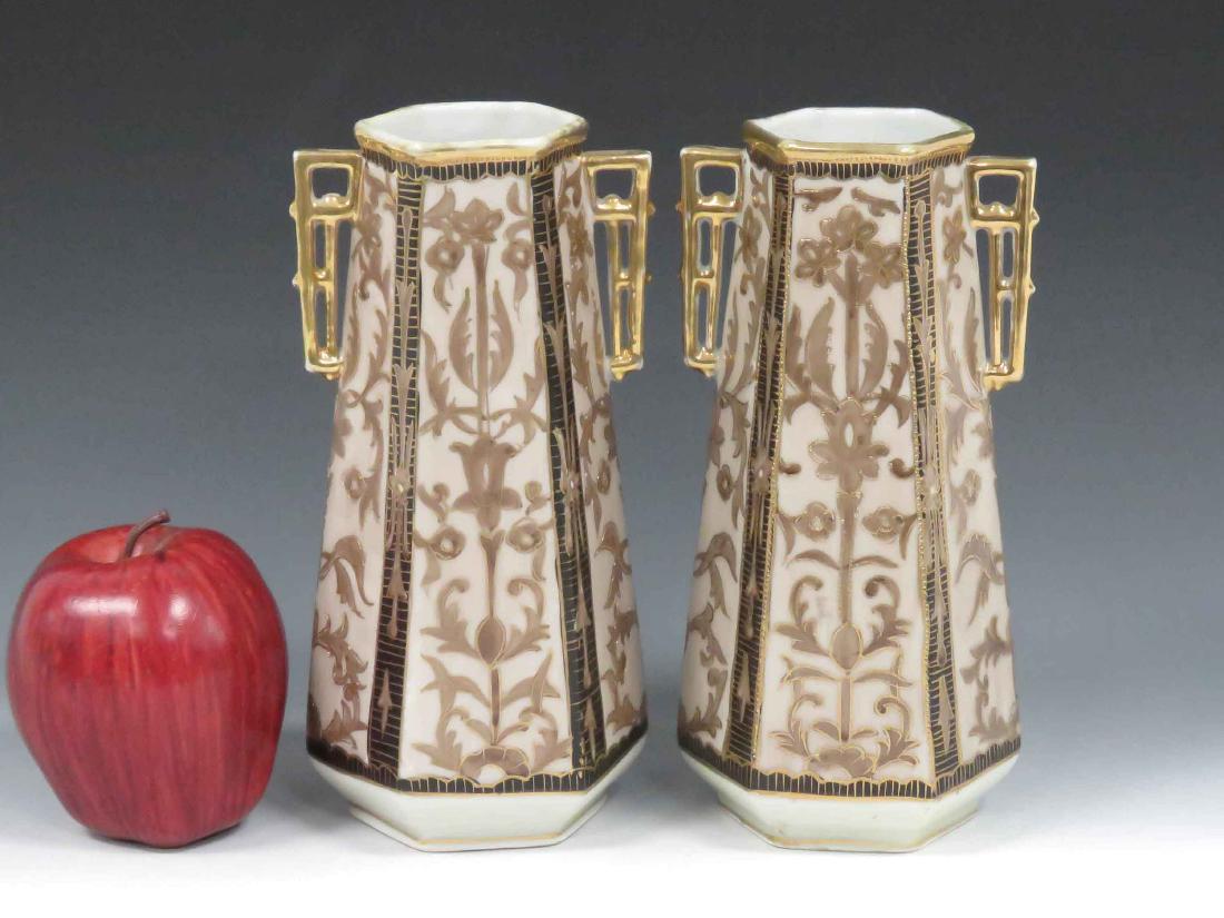 PAIR NIPPON GILT DECORATED PORCELAIN HANDLED VASES. (1 of 2)