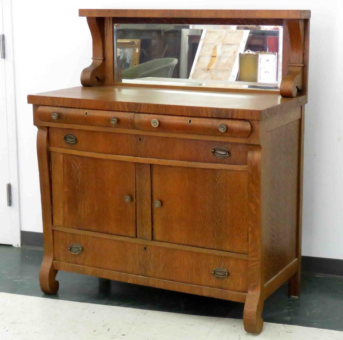 OAK MIRROR-BACK SIDE BOARD. HEIGHT 53"; WIDTH 45" (1 of 1)