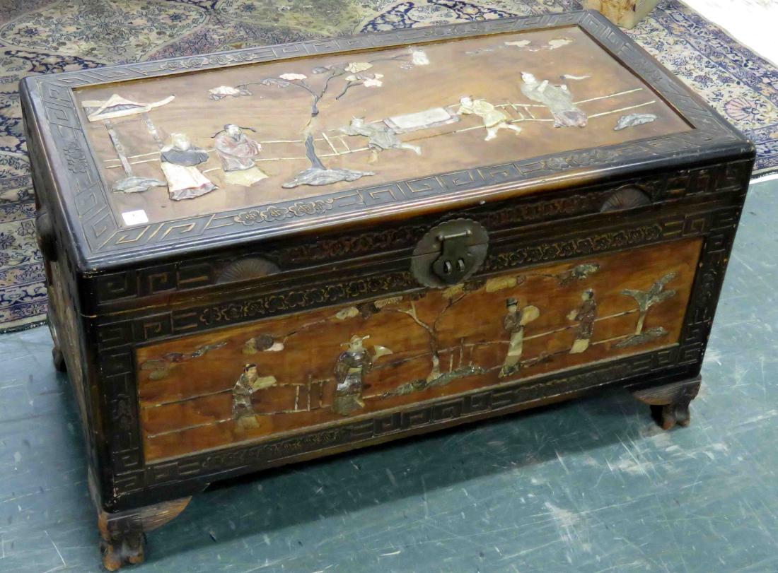 ANTIQUE CHINESE HARDSTONE INLAID CAMPHORWOOD CHEST. (1 of 1)