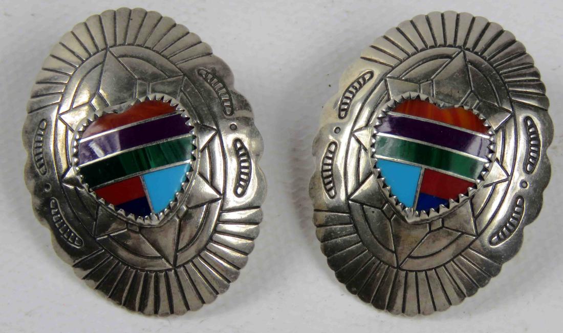 PAIR NAVAJO STERLING MULTI-STONE INLAID CONCHA PIERCED (1 of 1)