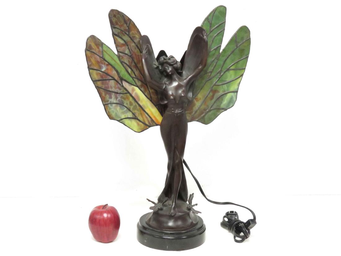 FRENCH ART NOUVEAU STYLE BRONZE/LEADED GLASS NYMPH (1 of 4)