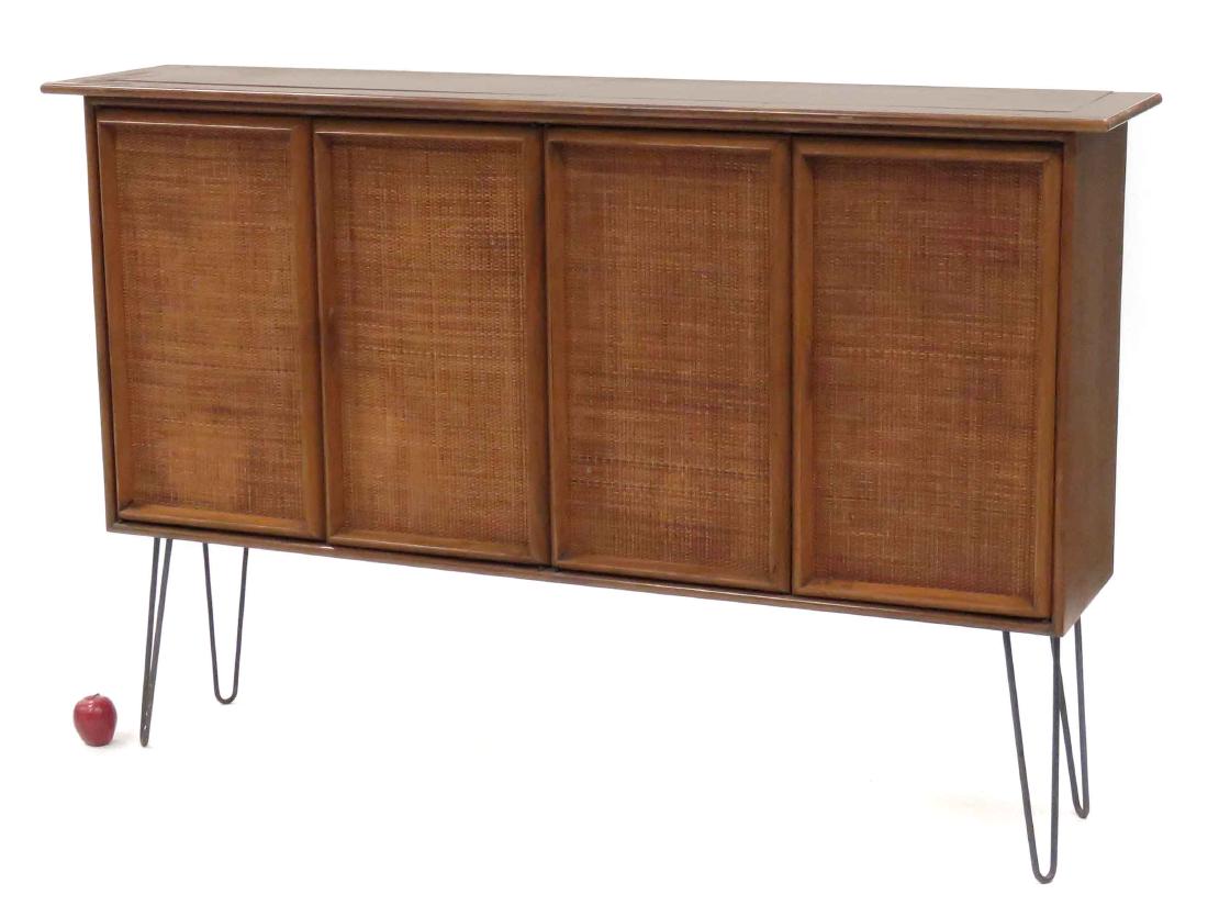 MID-CENTURY MODERN WALNUT CREDENZA WITH WROUGHT IRON: MID-CENTURY MODERN WALNUT CREDENZA WITH WROUGHT IRON HAIR PIN LEGS. HEIGHT 46"; WIDTH 66"