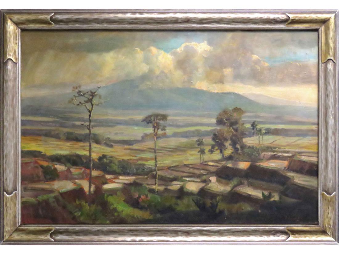 ERNEST DEZENTJE (INDONESIAN 1885-1972), OIL ON CANVAS: ERNEST DEZENTJE (INDONESIAN 1885-1972), OIL ON CANVAS BOARD, PANORAMIC INDONESIAN LANDSCAPE, SIGNED. 24 X 36"; FRAMED 29 X 41"