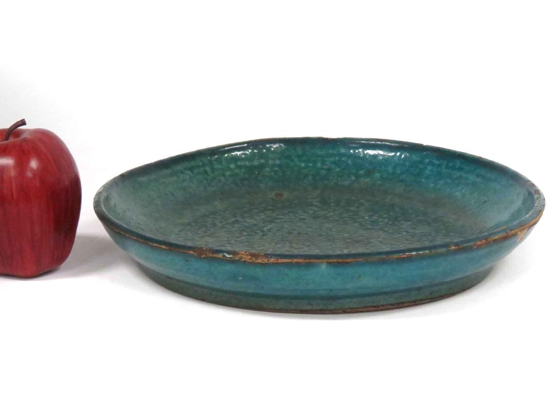 HAN DYNASTY OR LATER POTTERY TURQUOISE GLAZE LOW BOWL.: HAN DYNASTY OR LATER POTTERY TURQUOISE GLAZE LOW BOWL. HEIGHT 1 3/4"; DIAMETER 10 3/4"