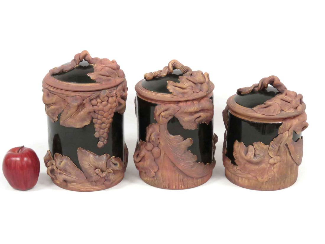 LOT (3) TERRAFIRMA POTTERY FOLIATE DECORATED CANISTERS, (1 of 4)