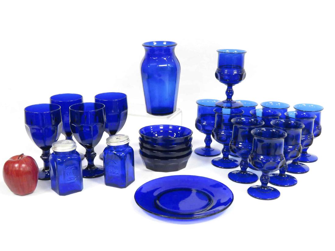 LOT ASSORTED COBALT GLASS BOWLS, STEMWARE VASE, ETC. (1 of 4)