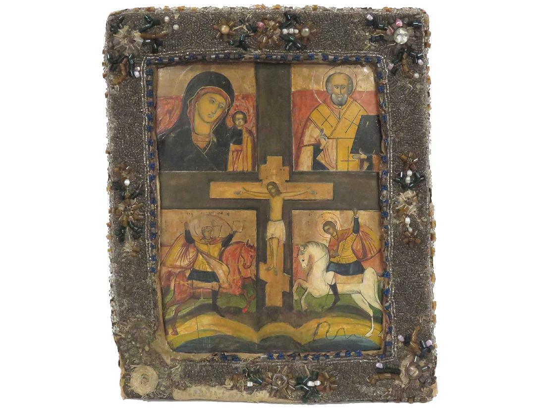 RUSSIAN 4-PART ICON ON PANEL WITH BEADED OKLAD/FRAME. (1 of 3)