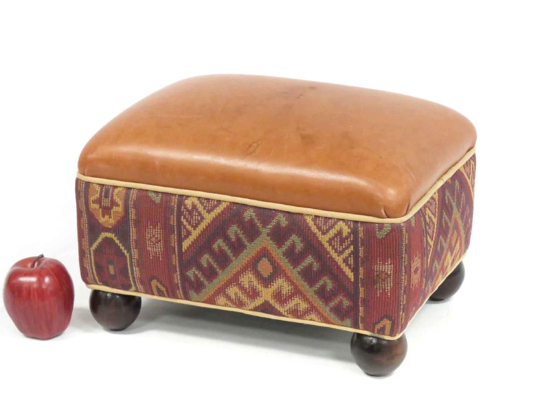 VINTAGE NEEDLEPOINT/LEATHER FOOT STOOL. HEIGHT 10"; TOP (1 of 3)