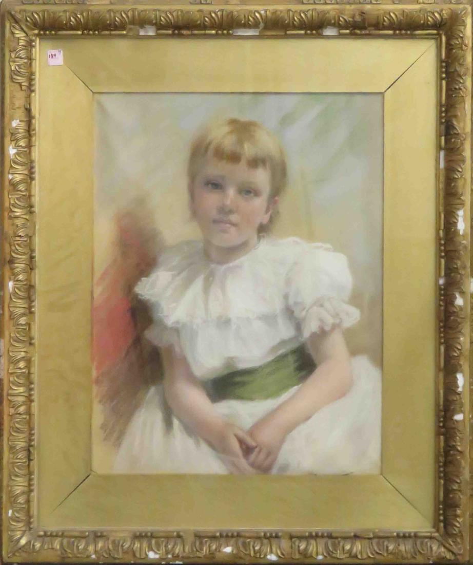 AMERICAN SCHOOL (19/20TH CENTURY), PASTEL PORTRAIT OF A: AMERICAN SCHOOL (19/20TH CENTURY), PASTEL PORTRAIT OF A YOUNG GIRL IN WHITE DRESS, UNSIGNED. SIGHT 25 1/2 X 19 1/2"; FRAMED AND GLAZED-38 X 32"