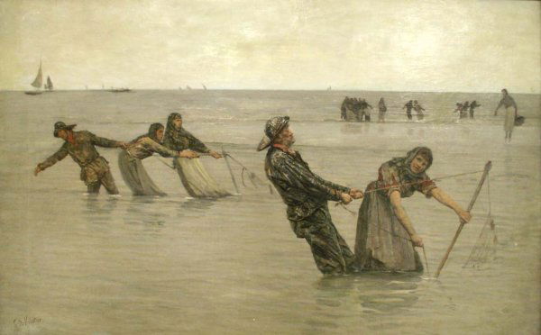 112: PAINTING, MANNING THE NETS, SIGN G.S. HUNTER: OIL ON CANVAS, MANNING THE NETS, SIGNED G.S. HUNTER (GEORGE SHERWOOD, BRITISH 1850-1919). 25 X 40"; FRAMED 31 X 45" (RELINED/IN-PAINTING) **DUE TO THE SIZE AND/OR FRAGILITY OF THIS LOT STANDARD IN-HOU