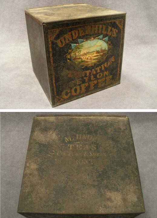 363: VINTAGE UNDERHILL'S PLANTATION CEYLON COFFEE TIN: VINTAGE UNDERHILLÆS PLANTATION CEYLON COFFEE TOLEWARE TIN, 19TH CENTURY. HEIGHT 7ö (FLAKING/RUST)