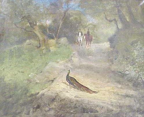 OIL/CANVAS, ATTRIB TO GEORGE INNESS JR: OIL ON CANVAS, "THE RIGHT WAY", ATTRIBUTED TO GEORGE INNESS JR. (AMERICAN N.A. 1853-1926). 15 1/2 X 18 1/2" REF. KAYCEE BENTON, INNESS JR. INDEX COMPLIED 1929-41 SMITHSONIAN AMERICAN ART INVENTORY #1A