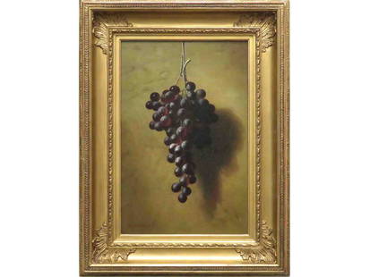 ANDREW JOHN HENRY WAY (AMERICAN 1826-1888), OIL ON: ANDREW JOHN HENRY WAY (AMERICAN 1826-1888), OIL ON PANEL, FLAMME DE TOKAY GRAPES, 1880, SIGNED & DATED. 18 X 12"; FRAMED 25 1/4 X 19 1/4" PROVENANCE: D. WIGMORE FINE ART, 22 EAST 76TH ST, NEW YORK, NY