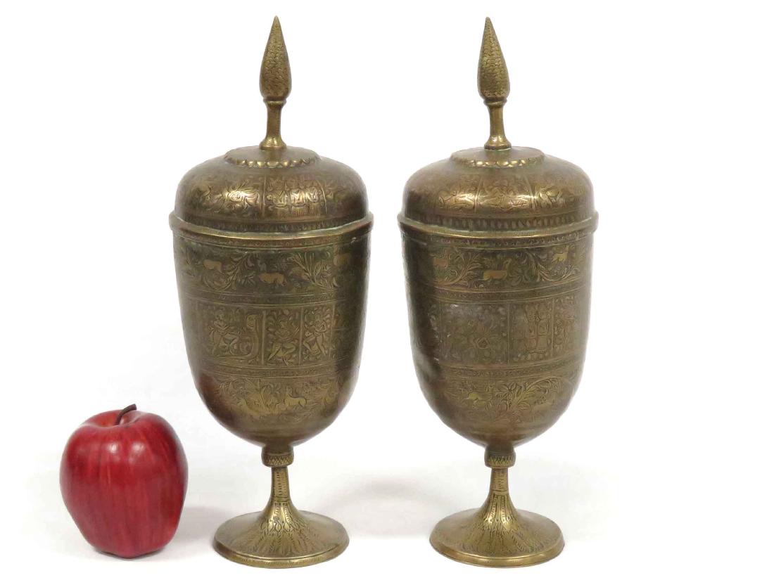 PAIR INDONESIAN ENGRAVED BRASS COVERED JARS, 19TH (1 of 3)