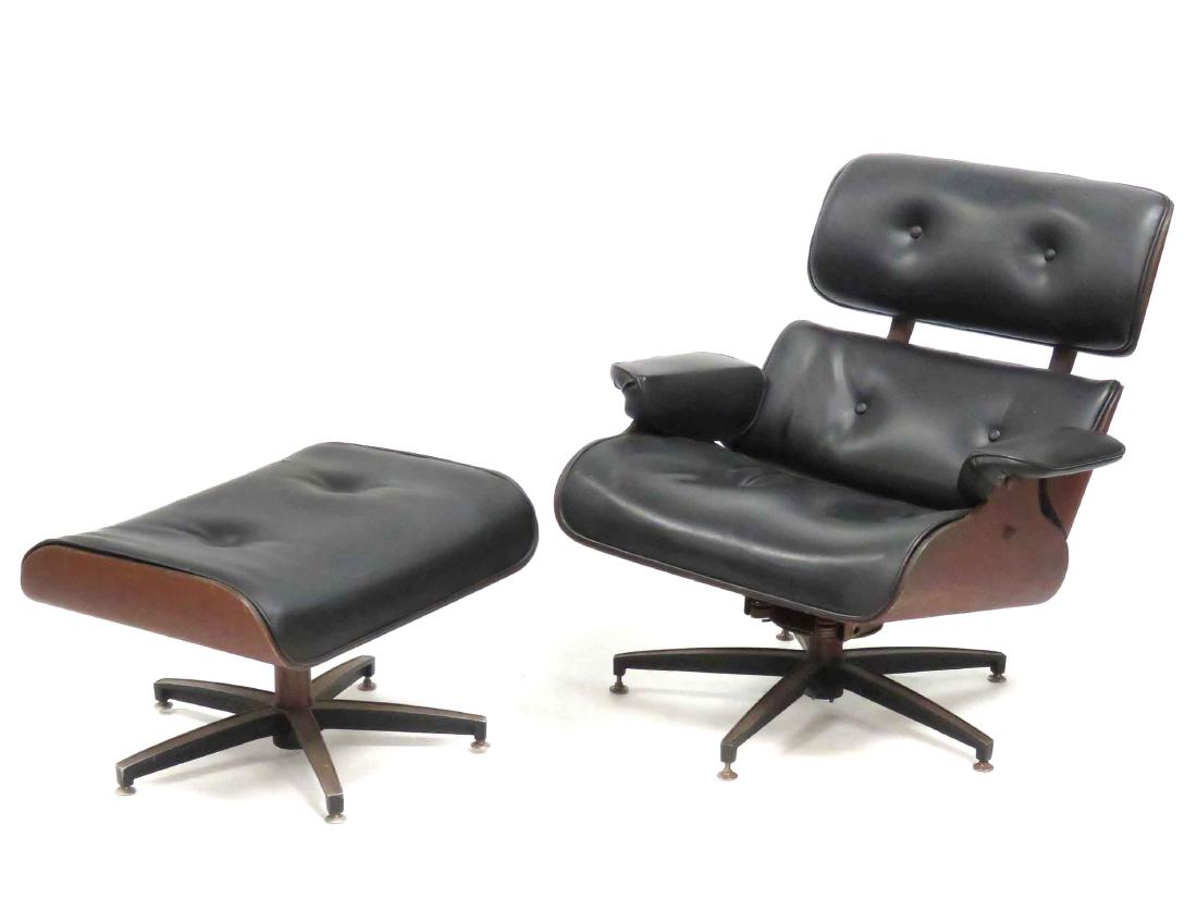 CHARLES EAMES STYLE LAMINATED ARMCHAIR AND OTTOMAN,: CHARLES EAMES STYLE LAMINATED ARMCHAIR AND OTTOMAN, PLYCRAFT (WITH SLIGHT 5/8" CUT IN OTTOMAN)
