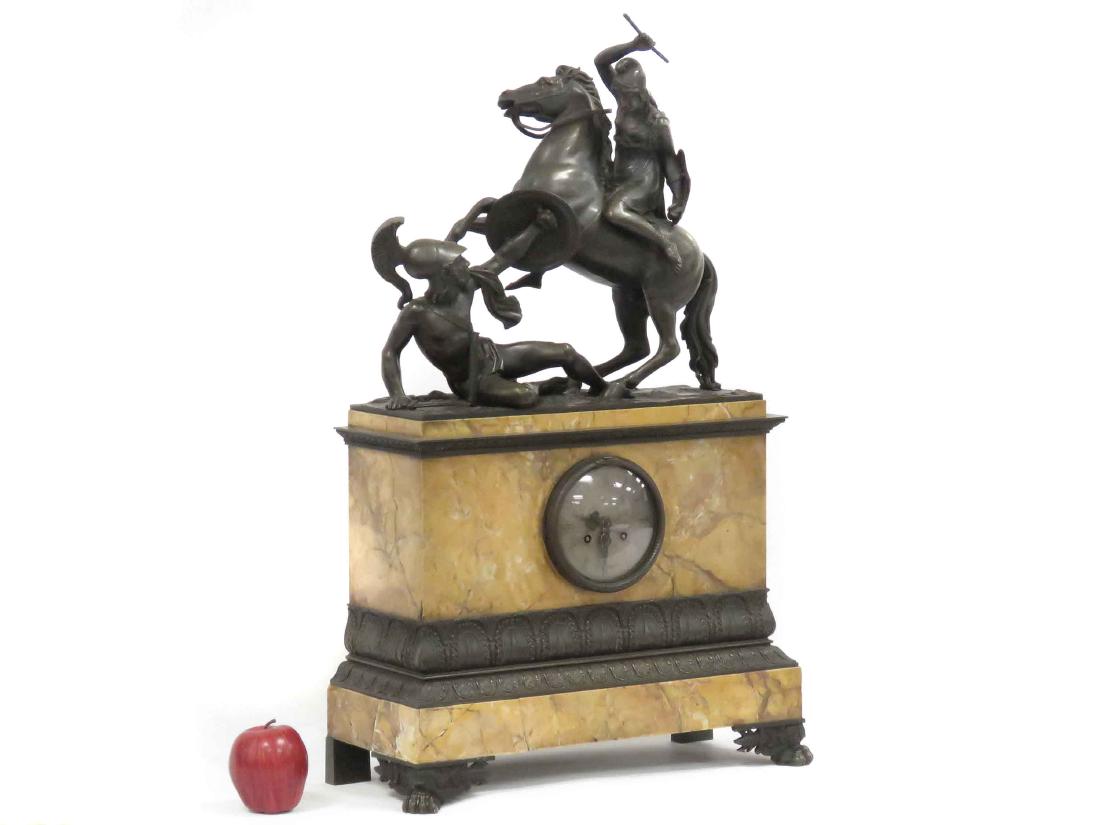 FRENCH EMPIRE BRONZE & MARBLE FIGURAL SHELF CLOCK, 19TH (1 of 3)