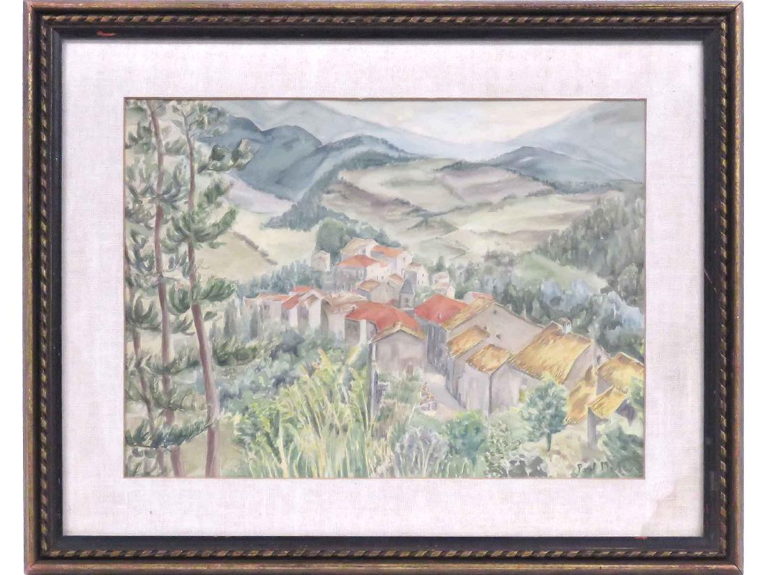 PAUL LUEIEN MAZE (FRENCH 1887-1979), WATERCOLOR, TUSCAN: PAUL LUEIEN MAZE (FRENCH 1887-1979), WATERCOLOR, TUSCAN VILLAGE, SIGNED. SIGHT 14 X 19"; FRAMED & GLAZED-21 X 26"