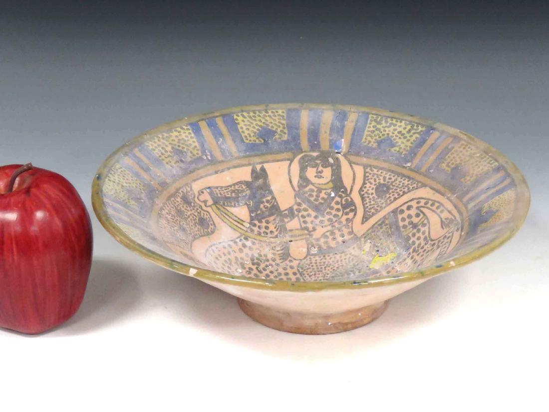 ISLAMIC DECORATED POTTERY BOWL WITH HORSE & RIDER.: ISLAMIC DECORATED POTTERY BOWL WITH HORSE & RIDER. HEIGHT 3"; DIAMETER 9 1/2"