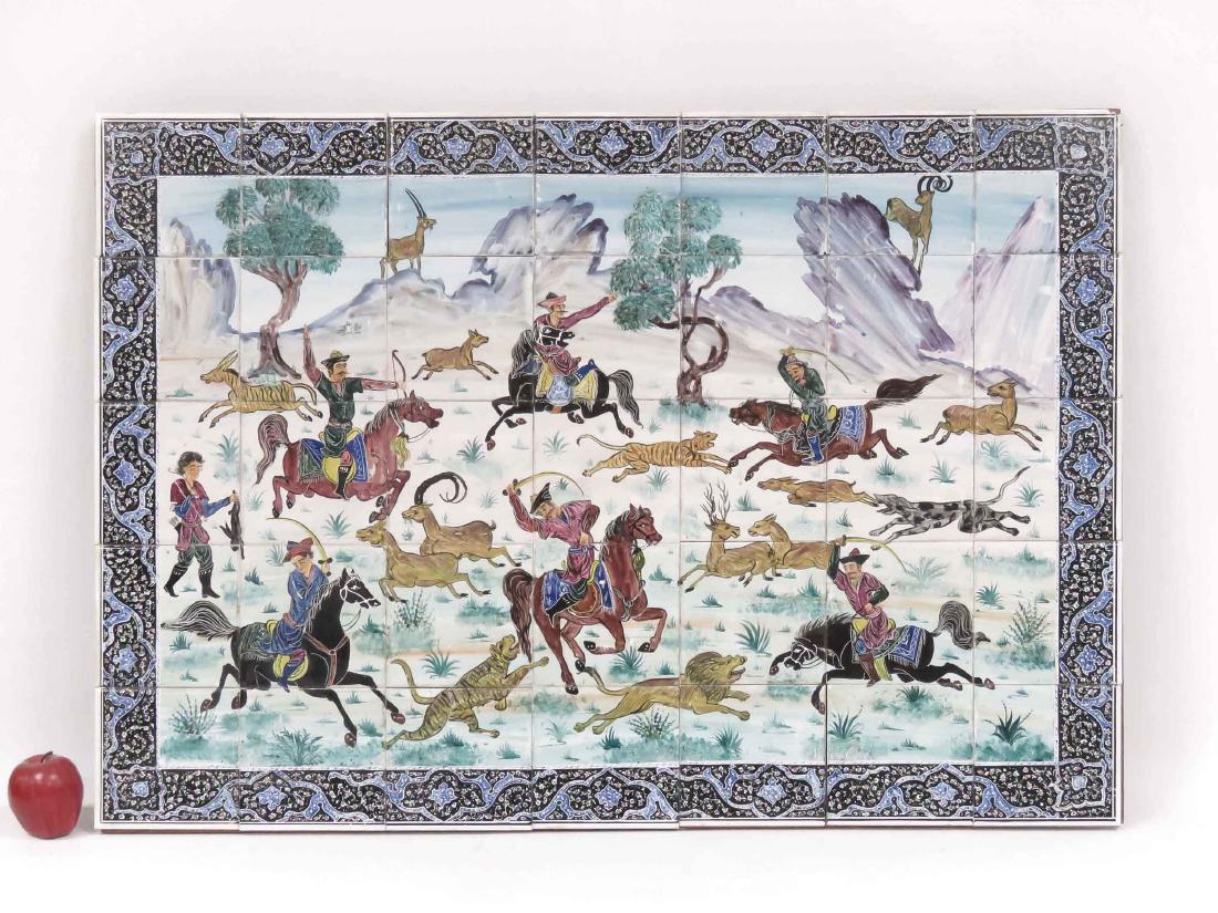 HAND PAINTED PERSIAN HUNT SCENE TILE PICTURE. 30 X 42" (1 of 3)