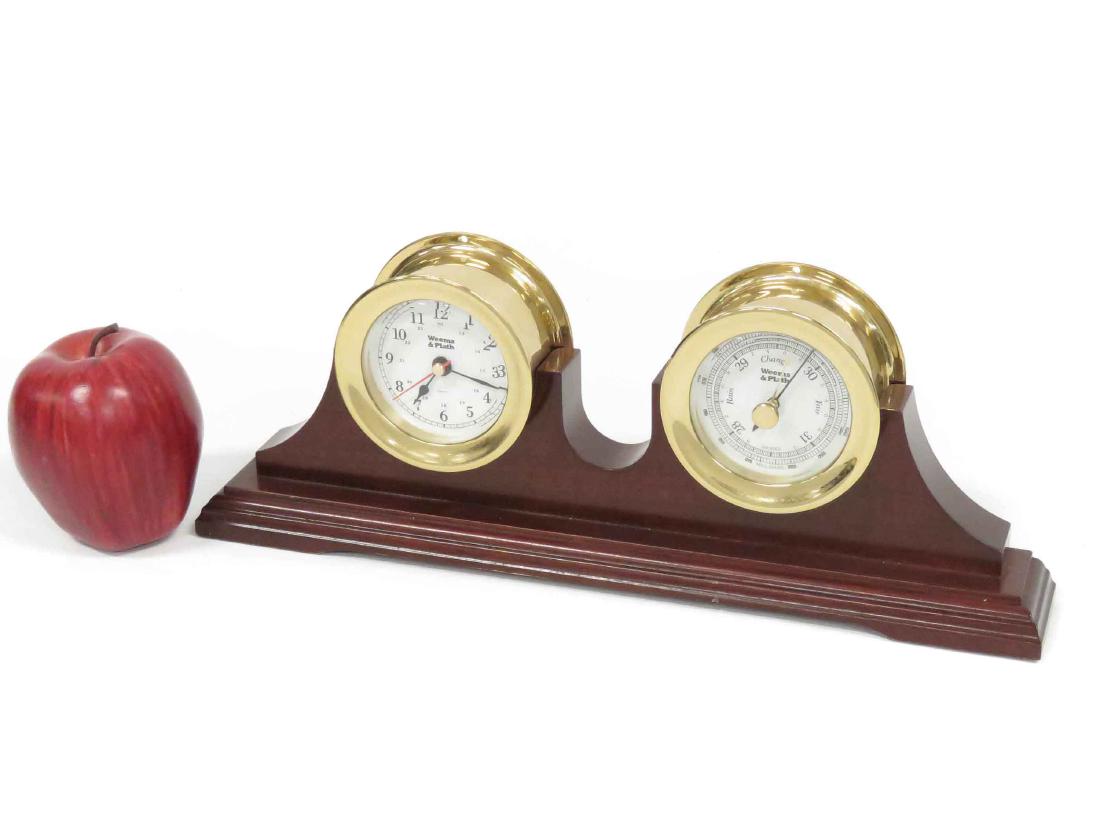WEEMS & PLATH QUARTZ BRASS CLOCK/BAROMETER ON MAHOGANY (1 of 4)