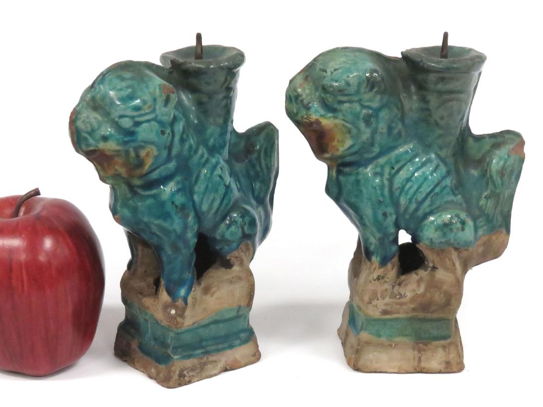 PAIR CHINESE TURQUOISE GLAZE POTTERY FIGURAL JOSS STICK (1 of 3)