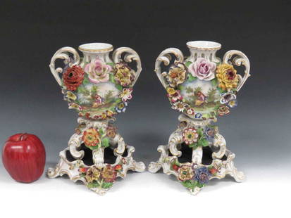 PAIR C.G. SCHIERHOLZ & SOHN DECORATED PORCELAIN URNS ON: PAIR C.G. SCHIERHOLZ & SOHN DECORATED PORCELAIN URNS ON STANDS, SIGNED. HEIGHT 10"
