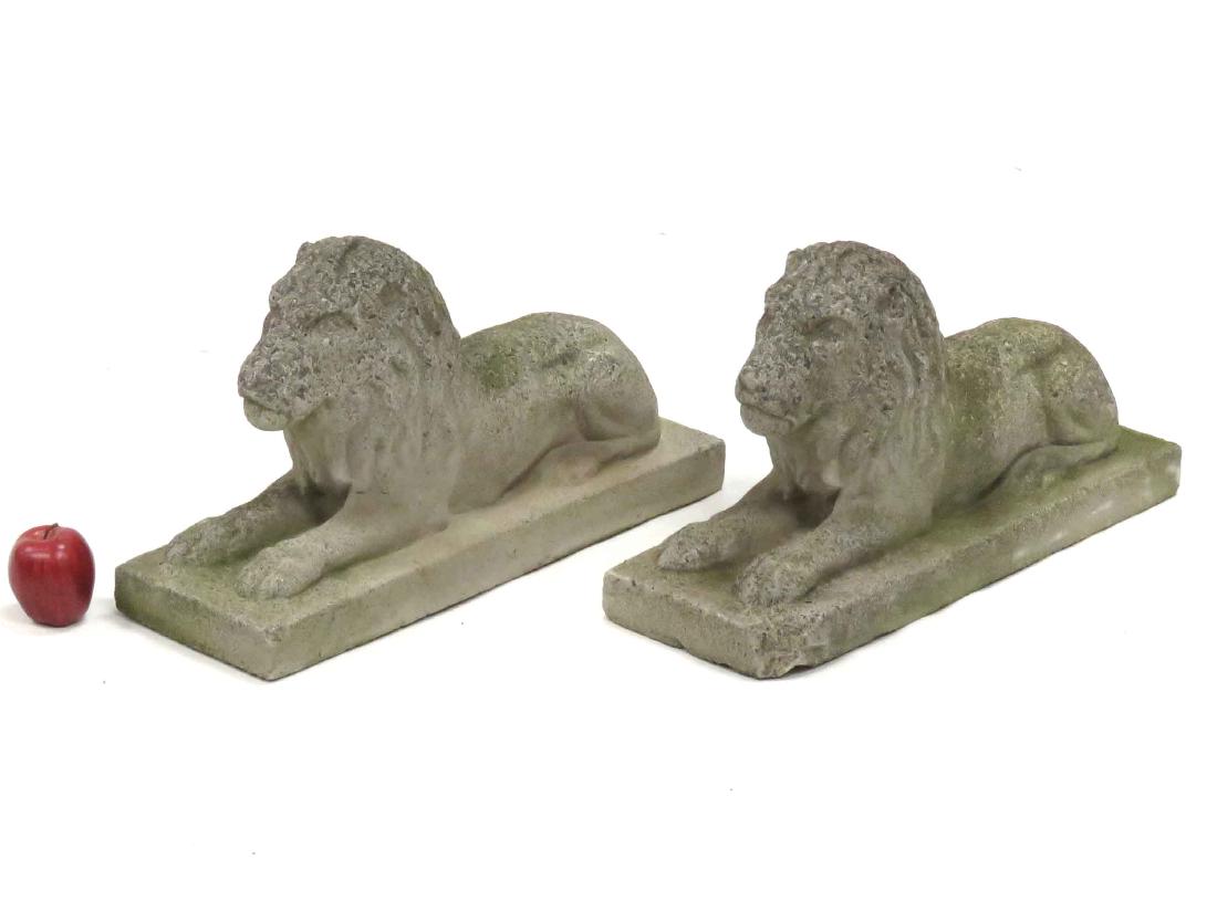 PAIR VINTAGE CAST STONE RECUMBENT LIONS. HEIGHT 14";: PAIR VINTAGE CAST STONE RECUMBENT LIONS. HEIGHT 14"; LENGTH 24"