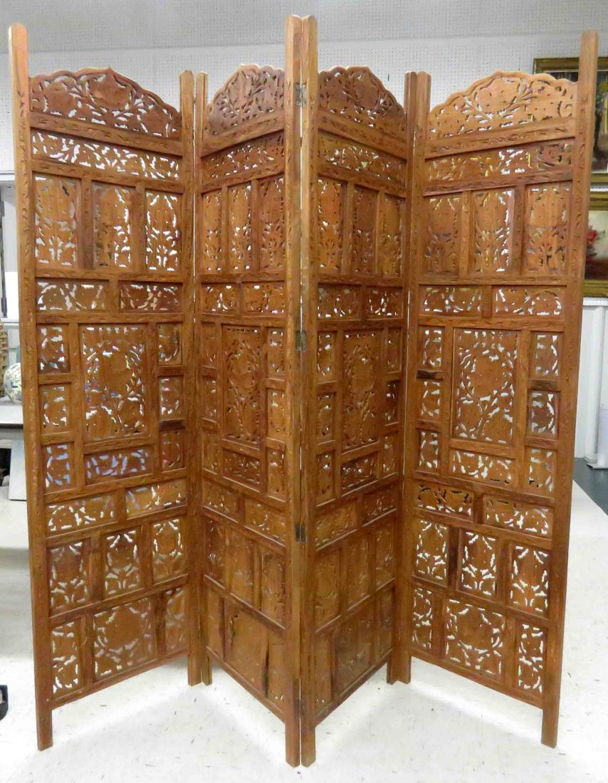 CARVED TEAK 4-PANEL SCREEN. HEIGHT 72"; WIDTH 80" (1 of 1)