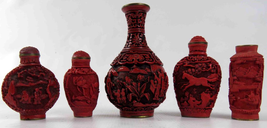 LOT (5) CHINESE CINNABAR INCLUDING (4) SNUFF BOTTLES & (1 of 1)
