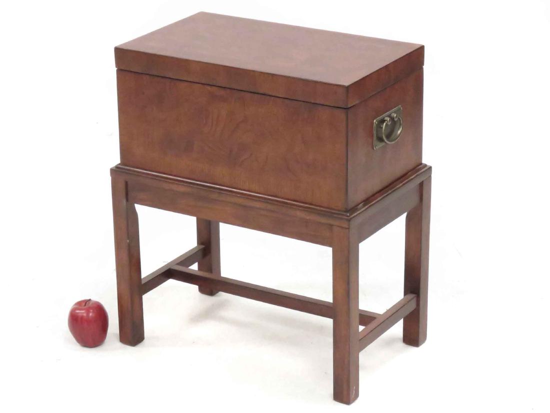 CHIPPENDALE STYLE BURL WALNUT STORAGE TRUNK ON STAND. (1 of 3)