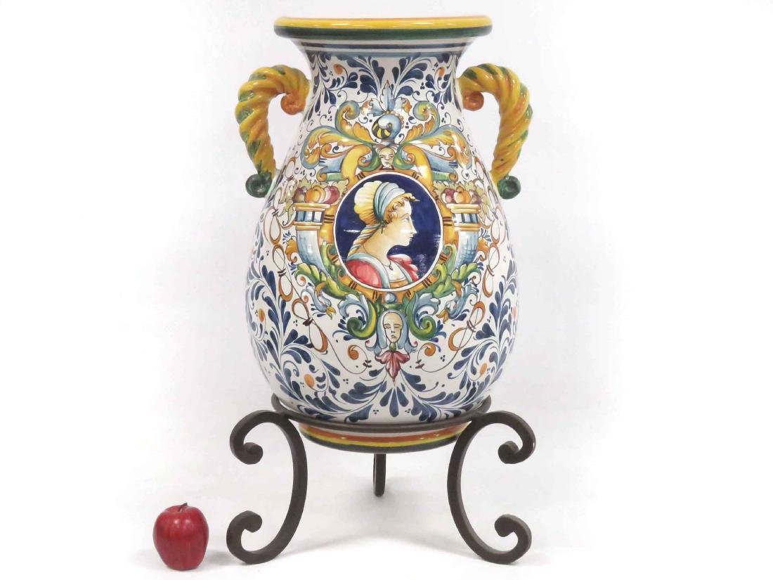 ITALIAN FAIENCE DECORATED POTTERY JAR WITH WROUGHT IRON (1 of 3)