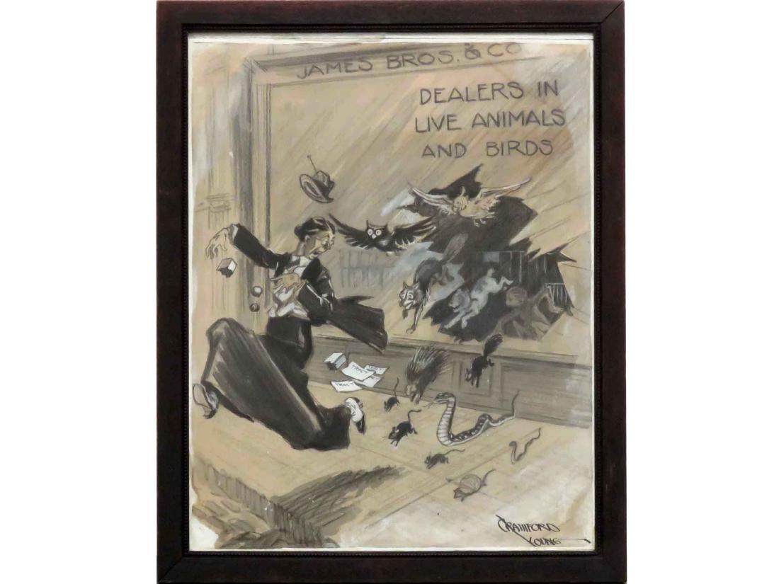 CRAWFORD YOUNG (AMERICAN 19/20TH CENTURY), GRAPHITE &: CRAWFORD YOUNG (AMERICAN 19/20TH CENTURY), GRAPHITE & GOUACHE ILLUSTRATION, "JAMES BROS & CO. DEALERS IN LIVE ANIMALS & BIRDS", SIGNED. SIGHT 16 X 12 1/4"; FRAMED & GLAZED-18 X 14 1/4"