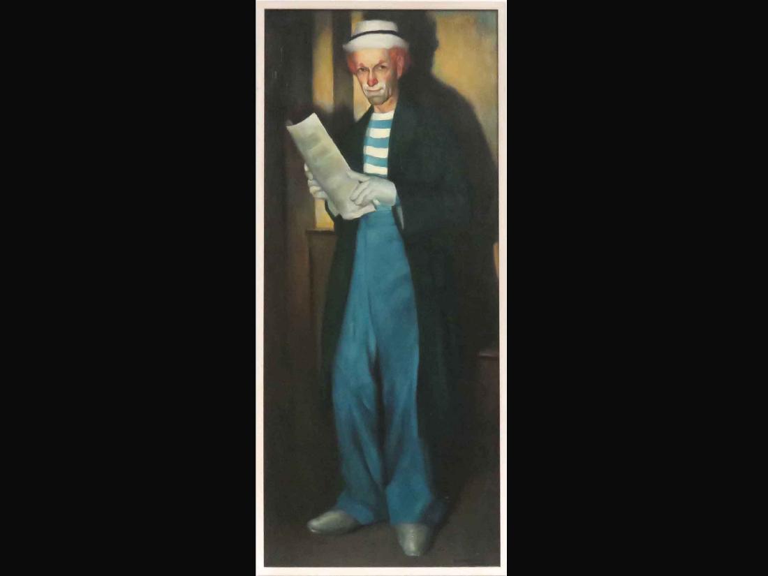 CORTLAND BUTTERFIELD (AMERICAN 1904-1977), OIL ON: CORTLAND BUTTERFIELD (AMERICAN 1904-1977), OIL ON CANVAS, SELF PORTRAIT AS A CLOWN, SIGNED. 52 X 22"; FRAMED 53 X 23"