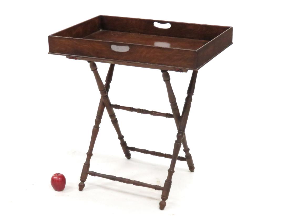OAK BUTLER'S TRAY ON FOLDING BASE, 19TH CENTURY. TRAY: OAK BUTLER'S TRAY ON FOLDING BASE, 19TH CENTURY. TRAY 20 1/2 X 29"