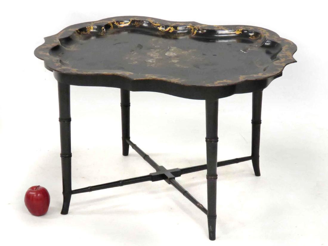 SHERATON MOTHER-OF-PEARL INLAID LACQUERED TOLE TRAY ON: SHERATON MOTHER-OF-PEARL INLAID LACQUERED TOLE TRAY ON CUSTOM BASE, 19TH CENTURY. HEIGHT 19"; TRAY 24 X 32"