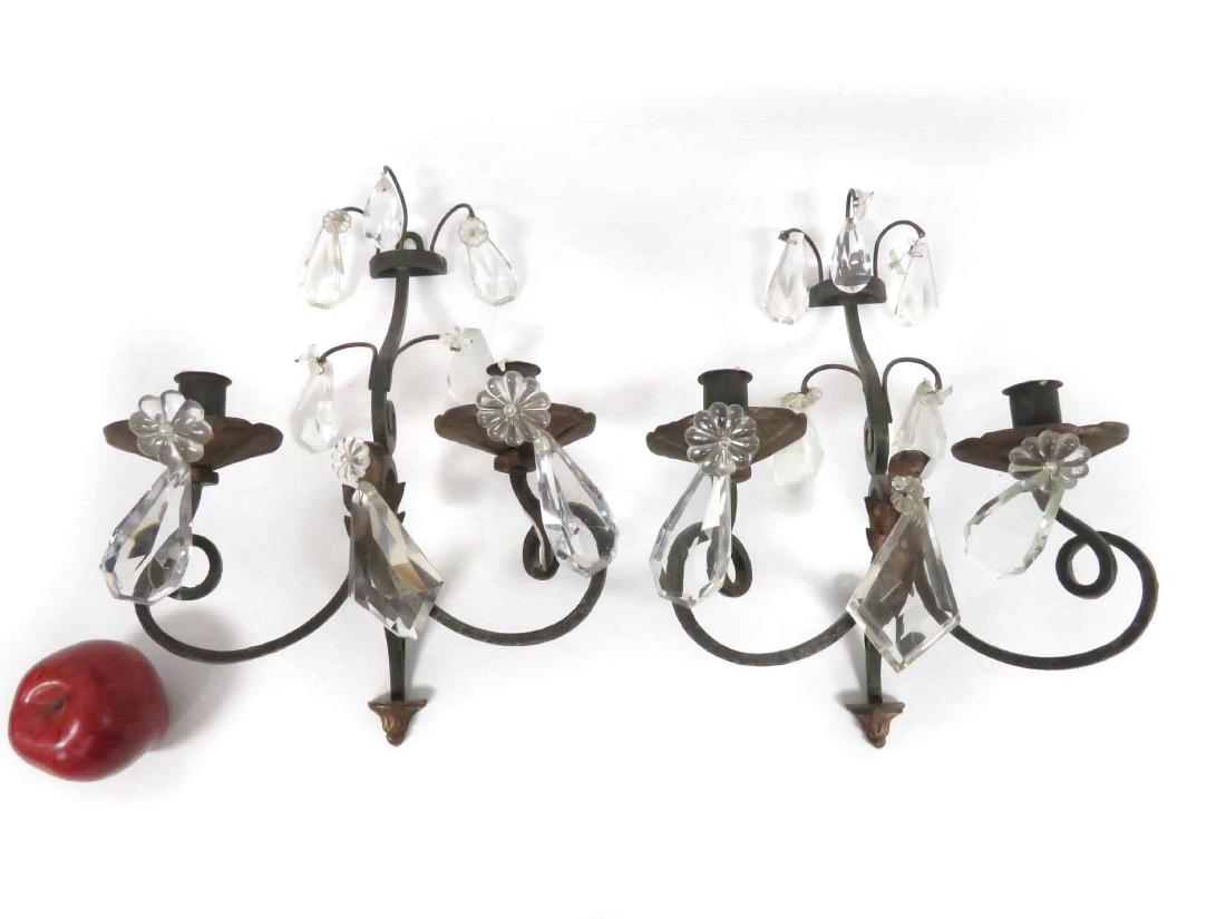 PAIR VINTAGE PATINATED BRONZE/CRYSTAL WALL SCONCES. (1 of 2)