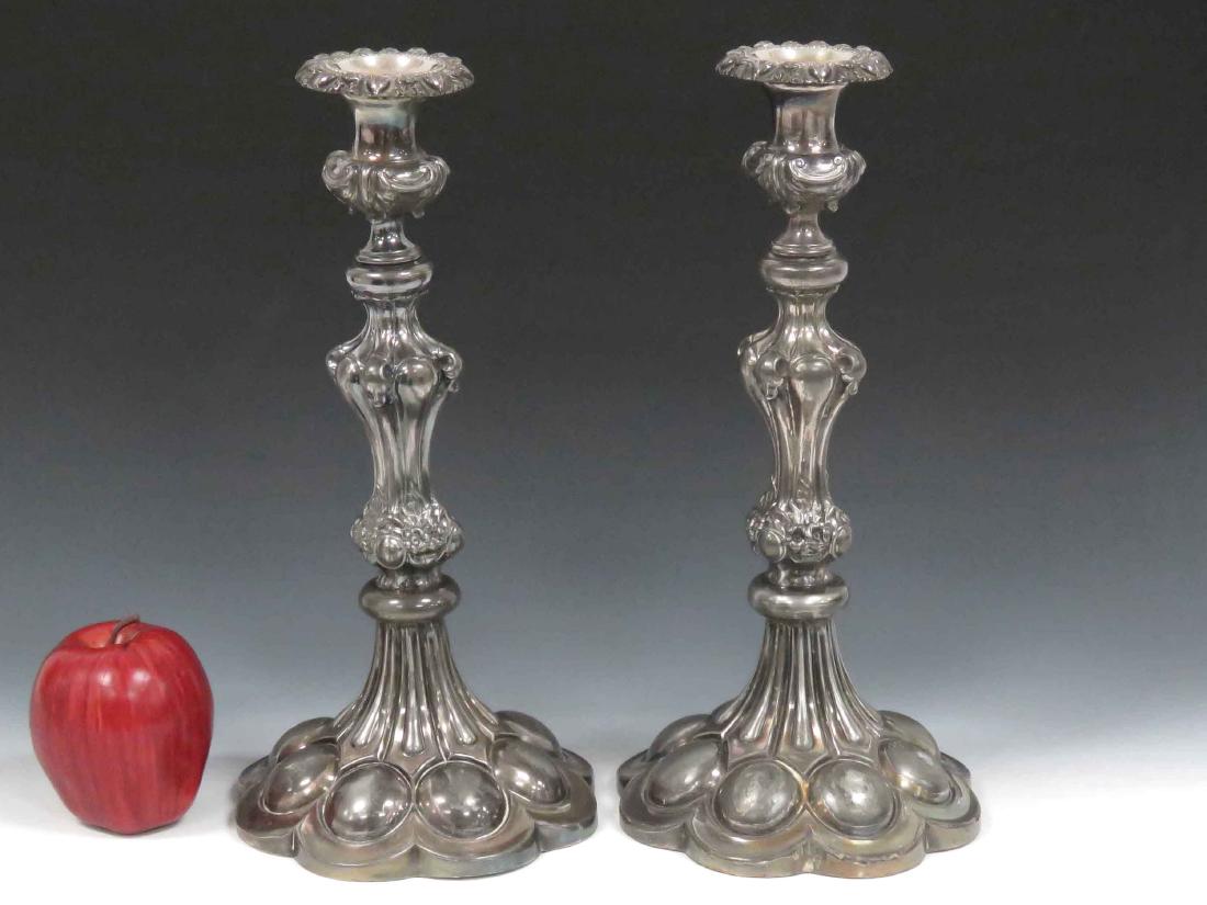 PAIR VICTORIAN SILVERPLATE WEIGHTED CANDLESTICKS. (1 of 2)