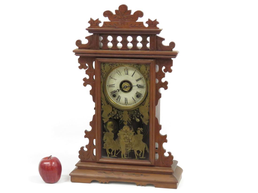 VICTORIAN CARVED WALNUT SHELF CLOCK WITH ALARM, 19TH (1 of 2)