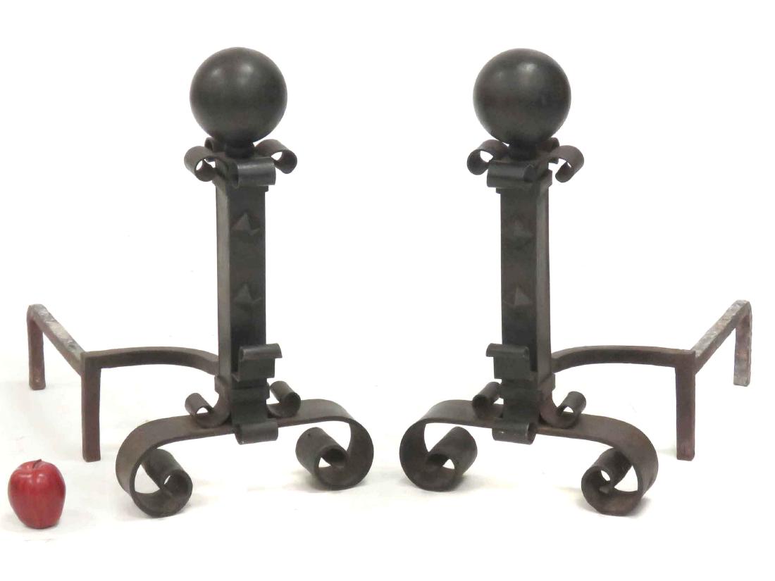 PAIR ARTS & CRAFTS WROUGHT IRON ANDIRONS. HEIGHT 25": PAIR ARTS & CRAFTS WROUGHT IRON ANDIRONS. HEIGHT 25"