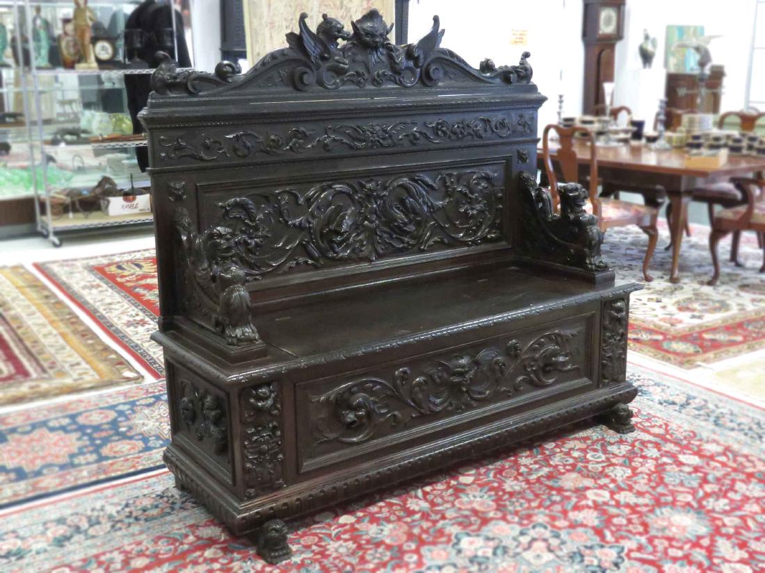 RENAISSANCE REVIVAL CARVED WALNUT SETTLE WITH STORAGE, (1 of 4)