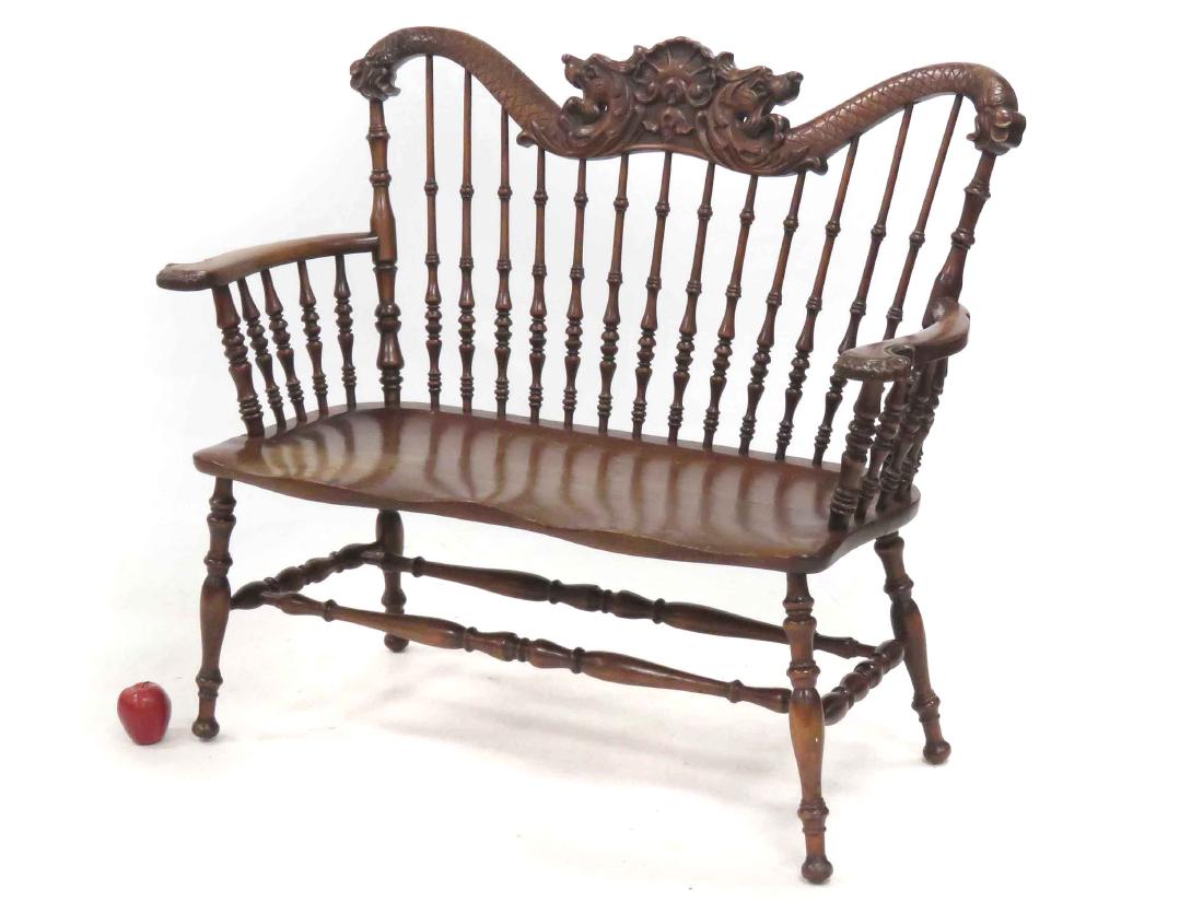 AESTHETIC CARVED OAK SPINDLE-BACK SETTLE. HEIGHT 39"; (1 of 2)