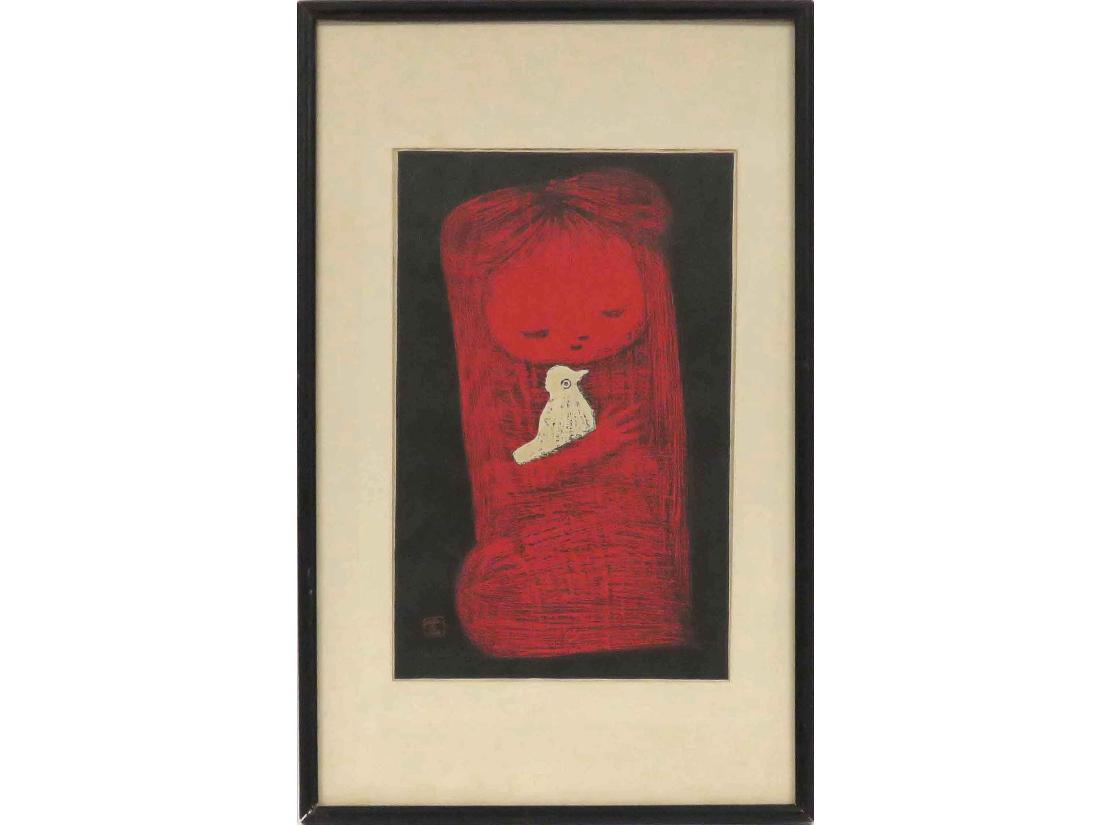 KAORU KAWANO (JAPANESE 1916-1965) WOODBLOCK PRINT, GIRL: KAORU KAWANO (JAPANESE 1916-1965) WOODBLOCK PRINT, GIRL HOLDING A BIRD, SIGNED AND SEALED. SIGHT 15 X 9 1/4"; FRAMED AND GLAZED 23 X 14"