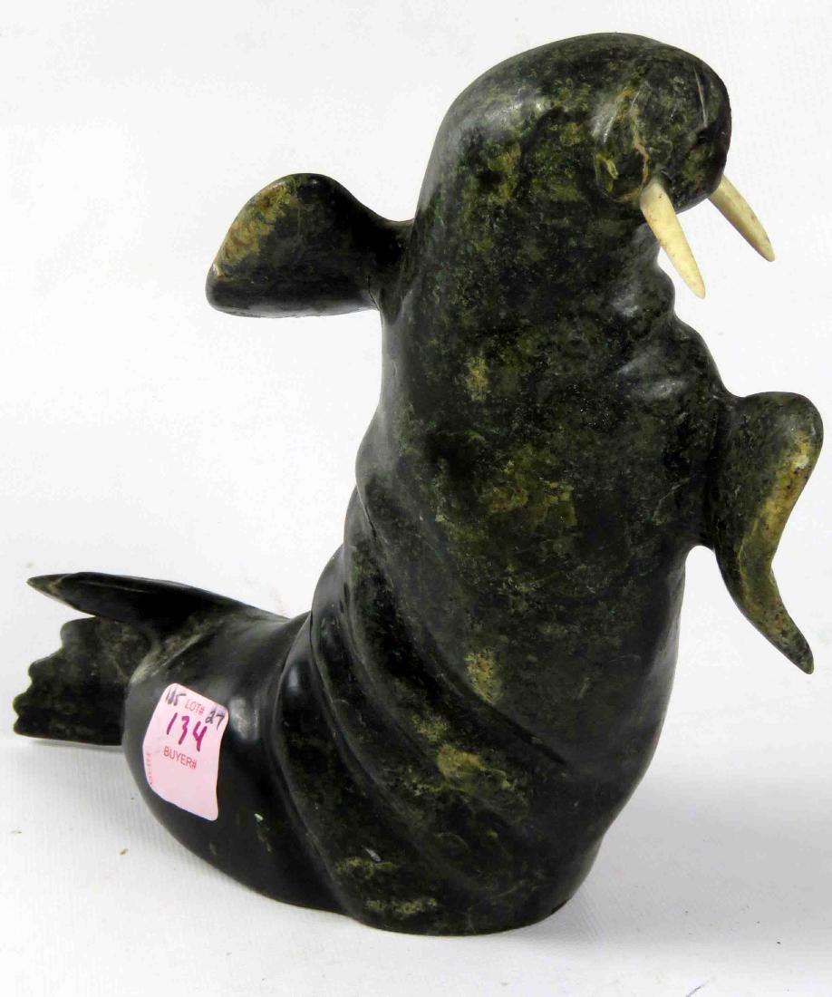 CARVED SOAP STONE WALRUS WITH WHALEBONE TUSKS, SIGNED (1 of 3)