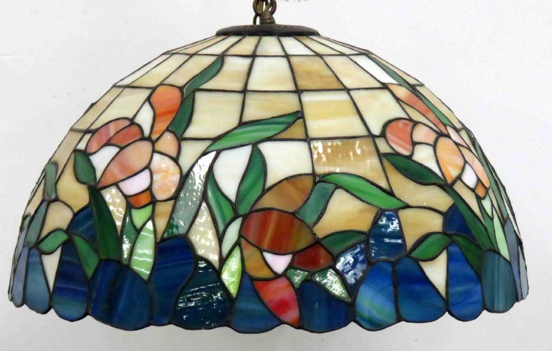 VINTAGE LEADED GLASS HANGING DOME SHADE. DIAMETER 20": VINTAGE LEADED GLASS HANGING DOME SHADE. DIAMETER 20"