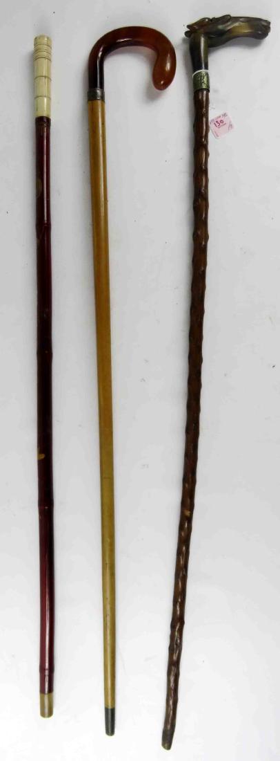 LOT (3) ASSORTED VINTAGE CANES/WALKING STICKS INCLUDING: LOT (3) ASSORTED VINTAGE CANES/WALKING STICKS INCLUDING CARVED HORN HORSE HEAD, BAKELITE & BONE