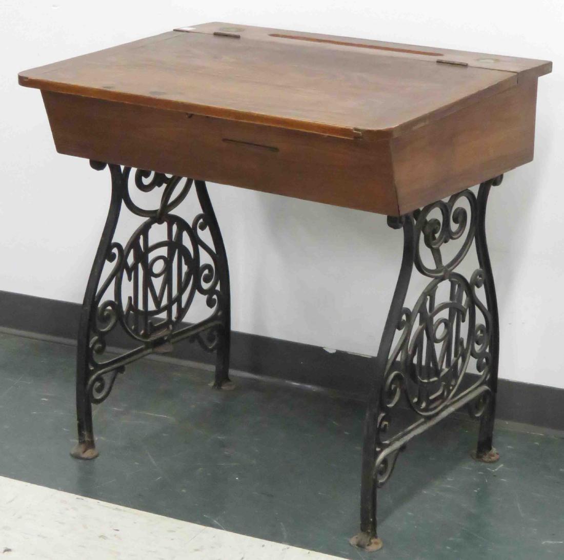 VINTAGE WROUGHT IRON/OAK SCHOOL DESK. HEIGHT 31"; WIDTH