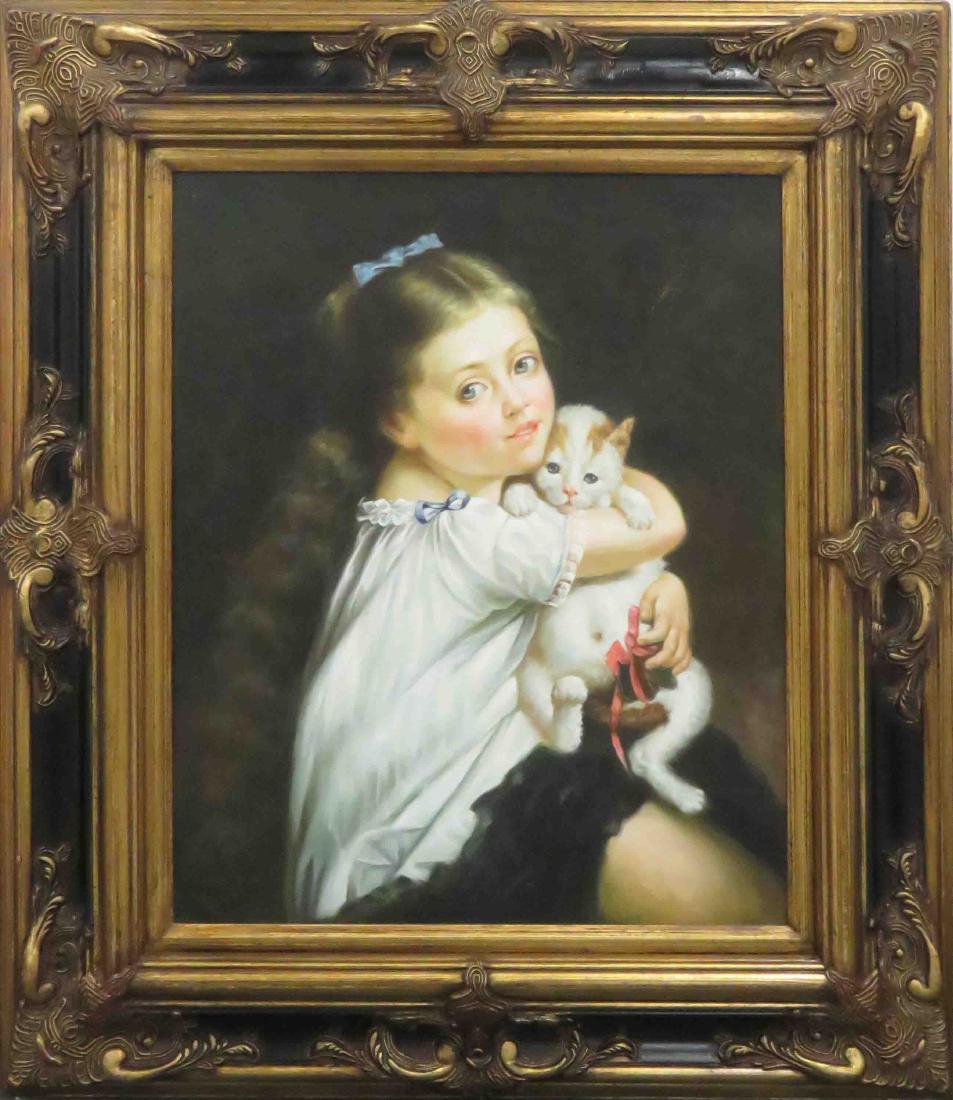 EUROPEAN SCHOOL (20TH CENTURY), OIL ON CANVAS, YOUNG: EUROPEAN SCHOOL (20TH CENTURY), OIL ON CANVAS, YOUNG GIRL WITH KITTEN, UNSIGNED. 24 X 20"; FRAMED 35 X 31"