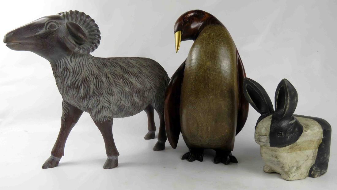 LOT (3) CARVED WOOD ANIMALS INCLUDING RAM, PENGUIN &: LOT (3) CARVED WOOD ANIMALS INCLUDING RAM, PENGUIN & RABBIT