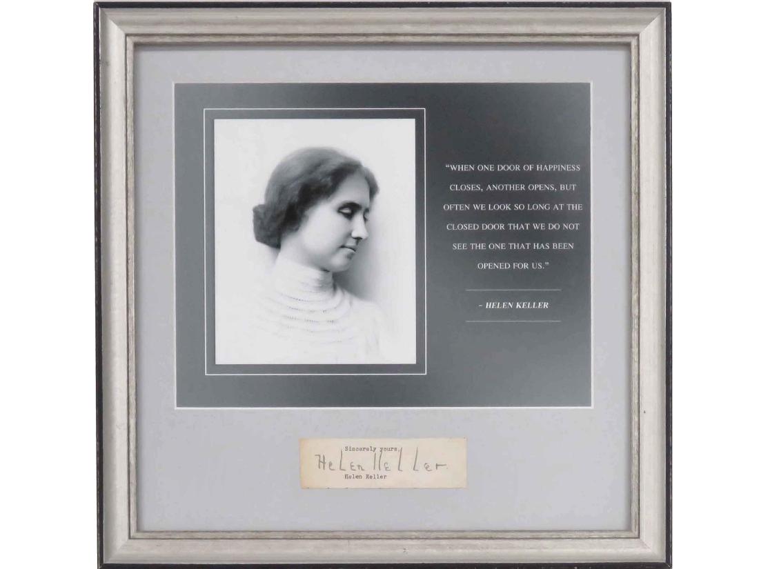 HELEN KELLER (AMERICAN 1880-1968, AUTHOR, ACTIVIST FOR: HELEN KELLER (AMERICAN 1880-1968, AUTHOR, ACTIVIST FOR WOMAN'S RIGHTS & SUFFRAGE), INK AUTOGRAPH CUT. 1 1/4 X 4"; FRAMED & GLAZED-13 1/2 X 13 1/2" ***Please note that none of the signatures have been 